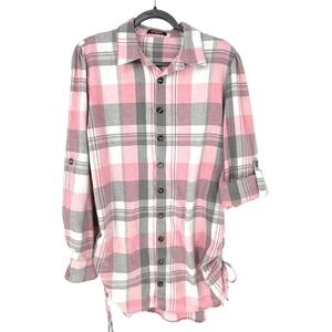 Pink Gray Plaid Shirt XL Button Front Roll Tab Sleeve Ruched Cozy Cabincore